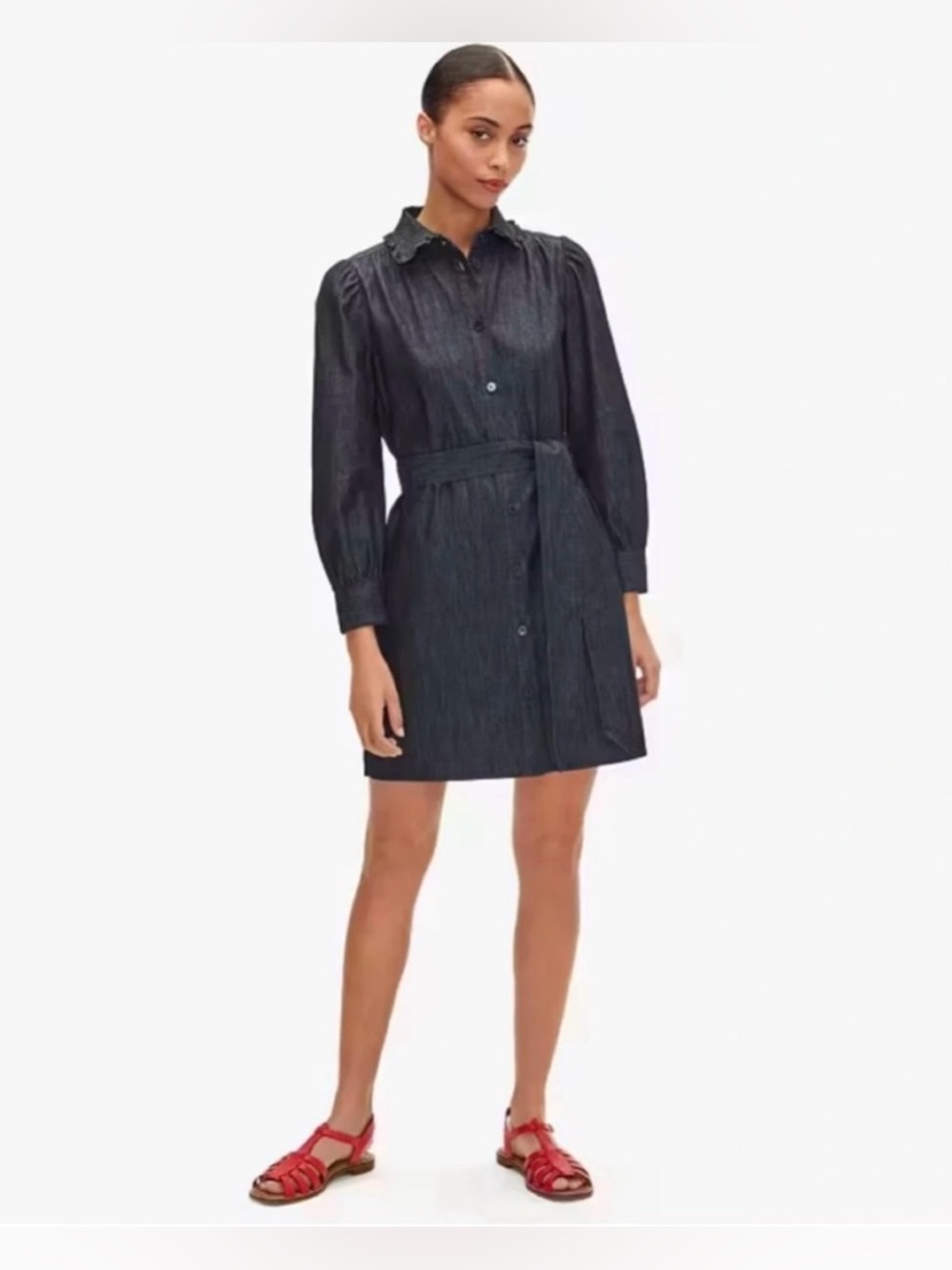 Kate Spade Ruffle Collared Dark Wash Denim Long Sleeve Shirtdress